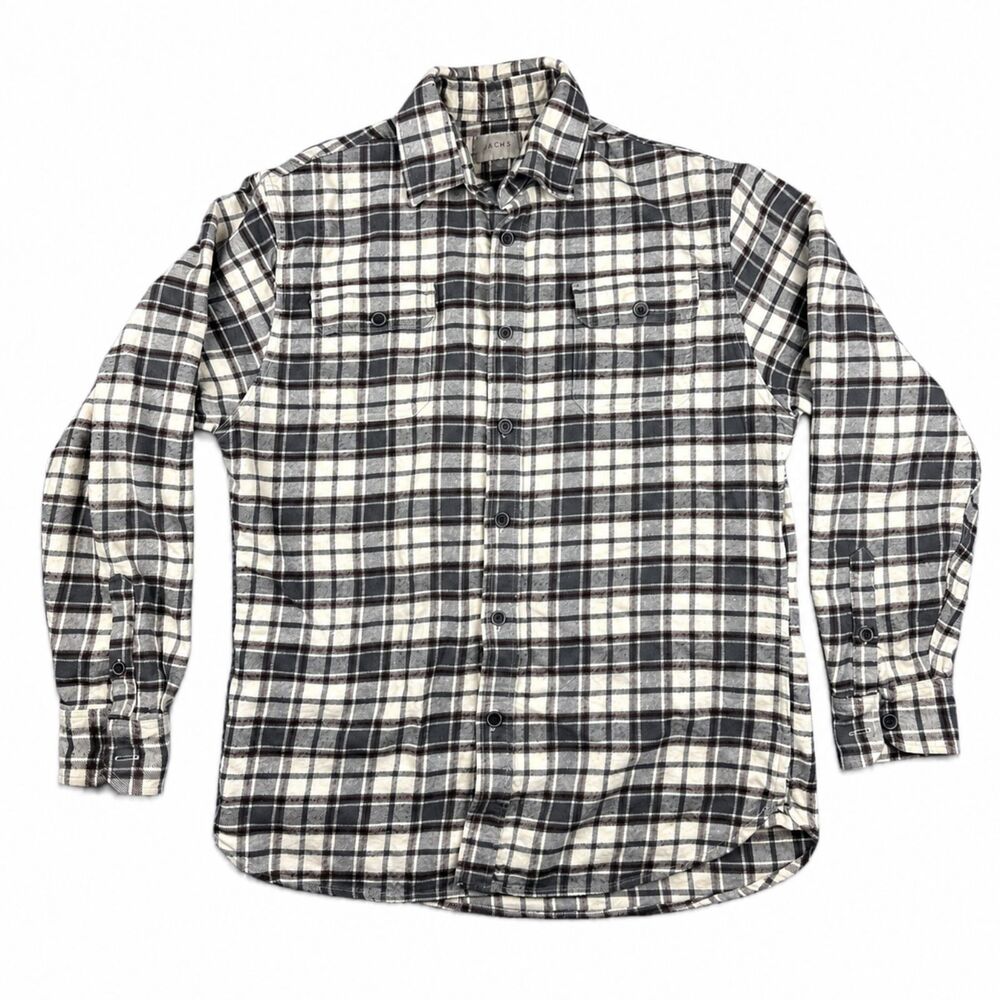 JACHS Mens Medium Flannel Shirt Gray Brown Plaid Cotton Button Up Pockets - Picture 2 of 7